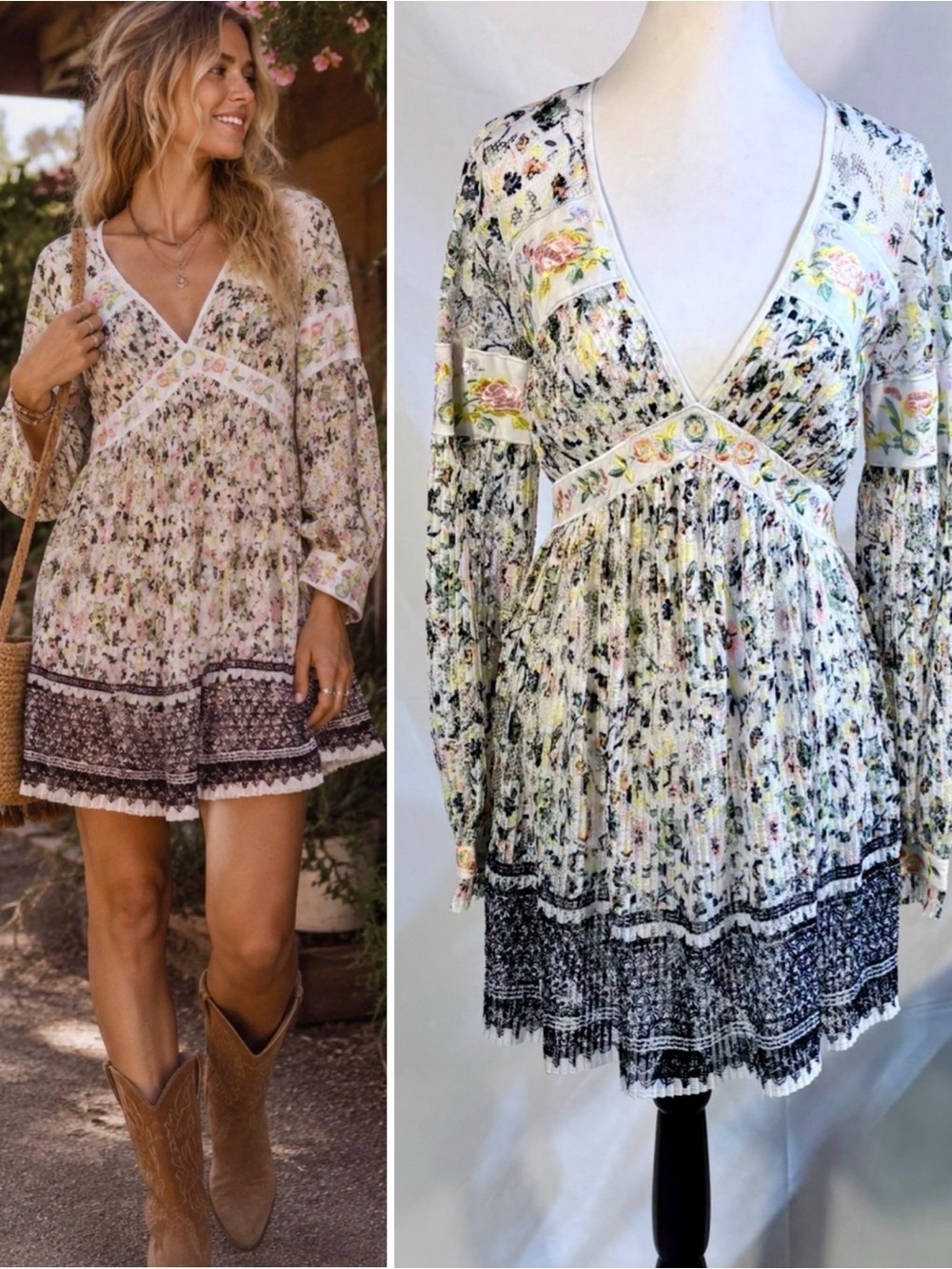 Free People Cherry Blossom Lace Mini Dress Ivory Floral Combo Size 2🧡